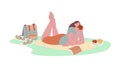 Girl rest in park, on nature reading book. Female eating fruits, single picnic for rest and relaxing. Cartoon flat woman