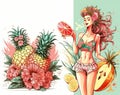 Girl rest in summer vibes with floral pineapples, place for text. Generative AI