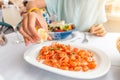 Restaurant eats delicious little shrimps and prawns from Symi island, Greece. Seafood and mediterranean cuisine Royalty Free Stock Photo