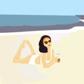 Girl resting on the beach. Summer retro cartoon illustration, trendy style,