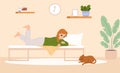 Girl resting on bed and looking at cat. Cute kitten sleep, teens relax in bedroom. Home lazy time, cartoon student tired