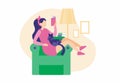 Girl resting at home reading book. Woman in pink robe sitting comfortably on armchair leafing through novel