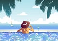 Girl resting in the pool under palm trees