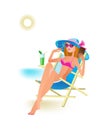 Girl, resting, sunbathing on beach, drinking cocktail, making selfie.