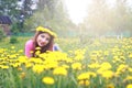 Girl resting on a sunny day in meadow of yellow dandelions Royalty Free Stock Photo