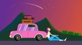 A girl resting after a trip, a pink car with luggage, against the background of mountains and a starfall and sunset in
