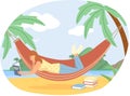 Girl rests lies on hammock and reads, studies book. Leisure, pastime at home or in vacation