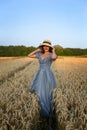 Vertical portrait of a young pretty woman-coquette against the background of a wheat field Royalty Free Stock Photo