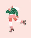Girl on retro roller skates with coffee in hand. Pattern with carrots. Cute hand drawn illustration. Girl power concept. Royalty Free Stock Photo