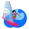 Girl ride a Board with a sail.