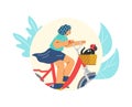 Girl rides a bicycle with a black cat, cartoon pet sits in carriage wearing helmet, vector animals transport of in trip