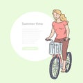 Girl rides bicycle with shopping basket in summer time vector line art illustration banner and round area for text. Royalty Free Stock Photo