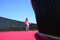 Girl rides bike on pink cycleway in Auckland Royalty Free Stock Photo