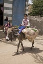 A girl rides a donkey Traditional Egyptian village near Cairo