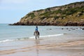 The girl rides a horse along the sunny coast of the ocean and leaves footprints in the wet sand