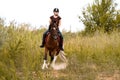 Girl rides a pinto horse at a gallop in the field