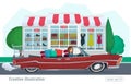 Girl rides on a red convertible with shopping car driving on road. Vector illustration cartoon female and retro car shopping store Royalty Free Stock Photo