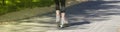 A girl rides roller skates on an asphalt road in the Park in the summer Royalty Free Stock Photo