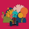 A girl rides a segway. A woman on a scooter on a background of flowers. Colorful illustration of electric transport. Eco