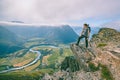 Hiking on the ridge of Romsdalseggen in Norway Royalty Free Stock Photo