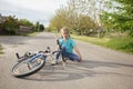 Girl riding a bicycle, happy summer in village, healthy lifestyle, childhood, sport and recreation