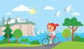 Girl riding a bicycle. Summer mediterranean background