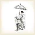 A girl riding bicycle to market and adapting umbrella on bicycl