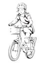 A girl riding bicycle, Vector line art illustration Royalty Free Stock Photo