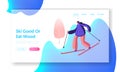 Girl Riding Downhills by Skis Website Landing Page. Winter Sports Activity and Sparetime. Young Woman Skiing Royalty Free Stock Photo