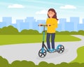 Girl riding electric kick scooter. Personal urban city transportation. Eco friendly alternative vehicles flat vector Royalty Free Stock Photo