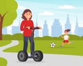 Girl riding electric scooter. Personal urban city transportation. Eco friendly alternative vehicles flat vector Royalty Free Stock Photo