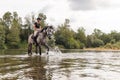 Girl riding gray horse down the calm river water Royalty Free Stock Photo