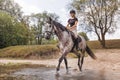 Girl riding gray horse down the calm river water