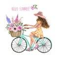 Cute young woman in a summer dress and floral bicycle watercolor illustration. Girl riding bike with flowers basket