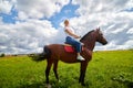 Girl riding on a horse on a green field and a blue sky with white clouds on the background Royalty Free Stock Photo