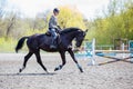 Girl riding horse on her course in show jumping Royalty Free Stock Photo