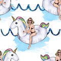 Girl riding inflatable unicorn on glitter waves and watercolor strokes