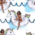 Girl riding inflatable unicorn on glitter waves and watercolor strokes