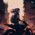 girl riding motorcycle through ruined postapocalyptic city