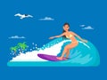 Girl riding on ocean wave, vector illustration in flat style Royalty Free Stock Photo