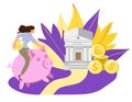 Girl riding on a piggy bank. The concept of saving money in the bank.Financial literacy, investment.For website.