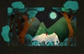 Girl riding on the polar bear in front of forest, mountains and night sky. Fairy tale illustration Royalty Free Stock Photo