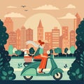 Girl Riding Retro Scooter with Dog in Basket