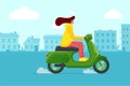 Girl riding retro style scooter on city road. Young woman drives green moped on street. Female vintage motorcycle driver Royalty Free Stock Photo