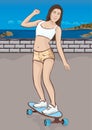 Girl is riding a skateboard, cartoon colorful drawing, vector illustration. Painted beautiful woman in pink shorts and top, brunet Royalty Free Stock Photo