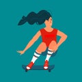 Girl riding skateboard. Long hair young skateboarder girl in male clothes preparing to jump. Isolated flat style vector