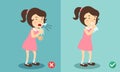 Girl right and wrong sneezing in hand and handkerchief