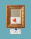 Girl with a ripe tomato balloon in the shape of a heart in a vintage frame with an ornament on a blue background. Self Royalty Free Stock Photo