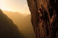 Girl Rock Climbing at Noon on a Cliff