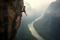 Girl Rock Climbing at Noon on a Cliff